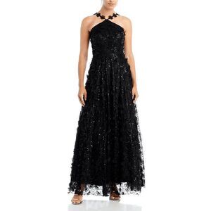 Eliza J Black 3D Floating Flow Floral Sequin Halter Ballgown Dress Women's 14